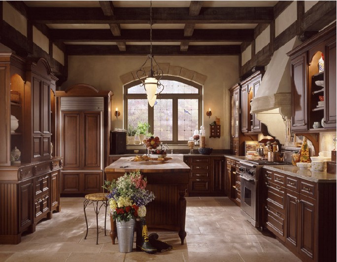 Kitchen-with-tuscany-style-decor-wooden-classic-cabinets-wardrobes-bar-bar-stool-and-oven
